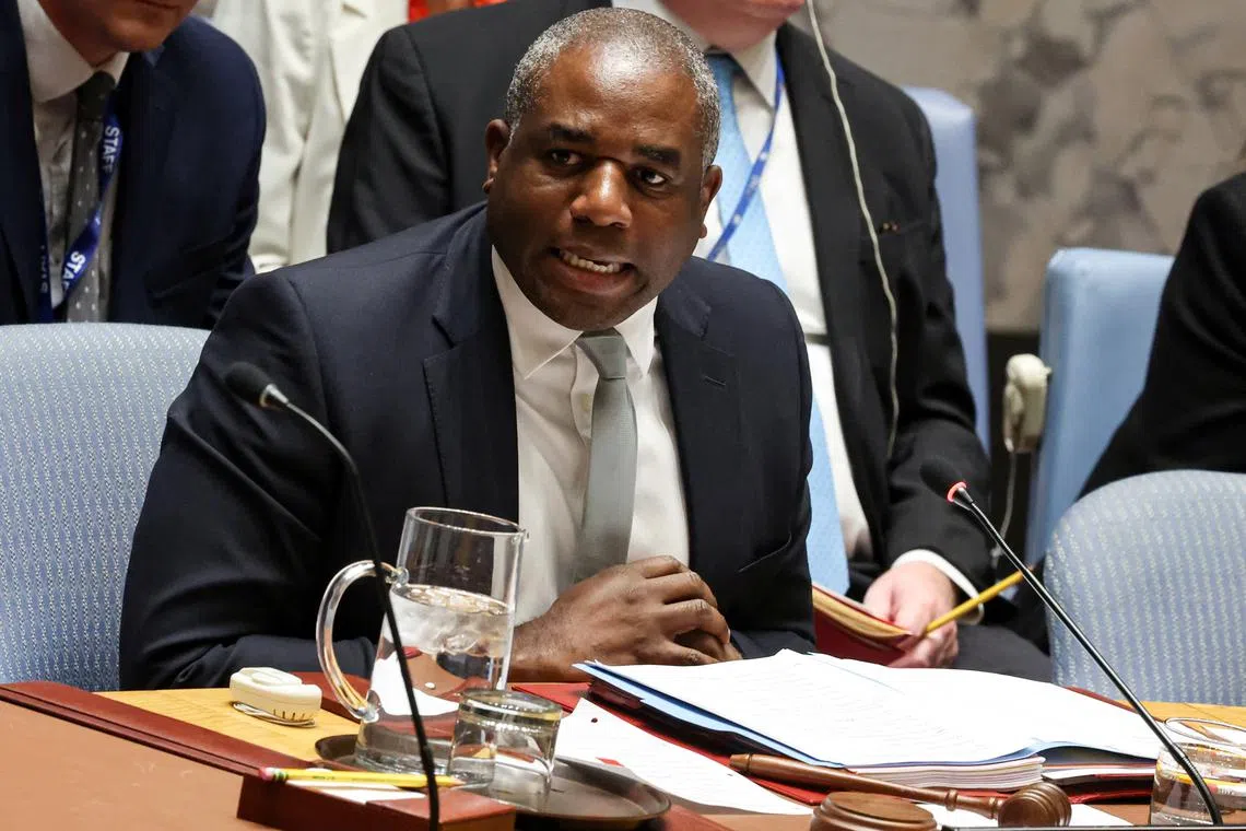 FILE PHOTO: Britain's Foreign Secretary David Lammy addresses the UN Security Council, as chair, during a meeting on the situation on Sudan and South Sudan, at U.N. headquarters in New York City, U.S., November 18, 2024.  REUTERS/Brendan McDermid/File Photo