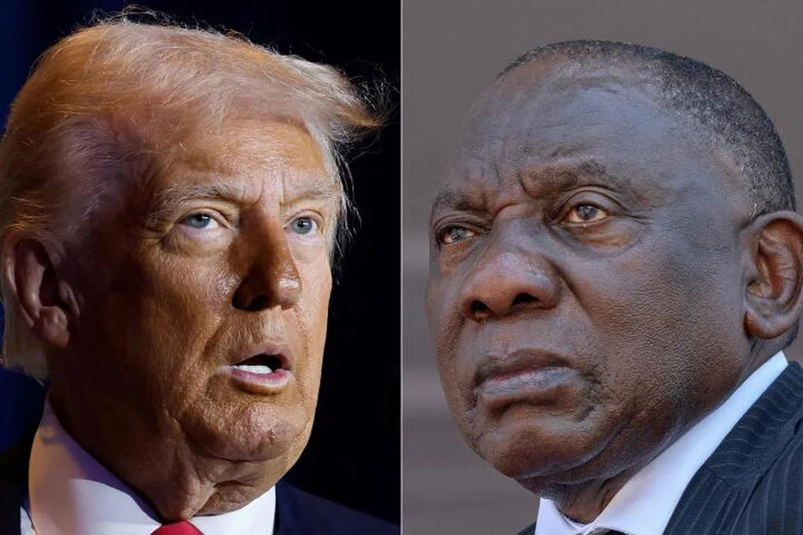 COMBO) This combination of file pictures created on February 7, 2025 shows US President Donald Trump (L) speaking in Washington, DC, on February 6, 2025, and South African President Cyril Ramaphosa attending Mozambique President-elect Daniel Chapo's inauguration in Maputo on January 15, 2025. Trump on February 7, 2025, froze US aid to South Africa, citing a law in the country that he alleges allows land to be seized from white farmers, despite Johannesburg's denials. The US president has recently claimed that South Africa was confiscating land via the expropriation act signed last month, a charge the South African government has described as misinformation. (Photo by Ting Shen and ALFREDO ZUNIGA / AFP)