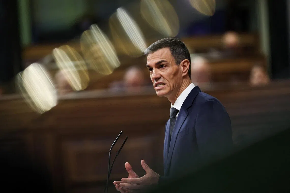 Spain's Prime Minister Pedro Sanchez addresses Parliament in Madrid, Spain, on Feb 11. 