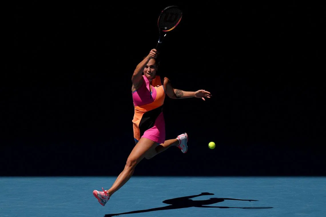 Tennis - Australian Open - Melbourne Park, Melbourne, Australia - January 27, 2026 Belarus' Aryna Sabalenka in action during her quarter final match against Iva Jovic of the U.S. REUTERS/Hollie Adams