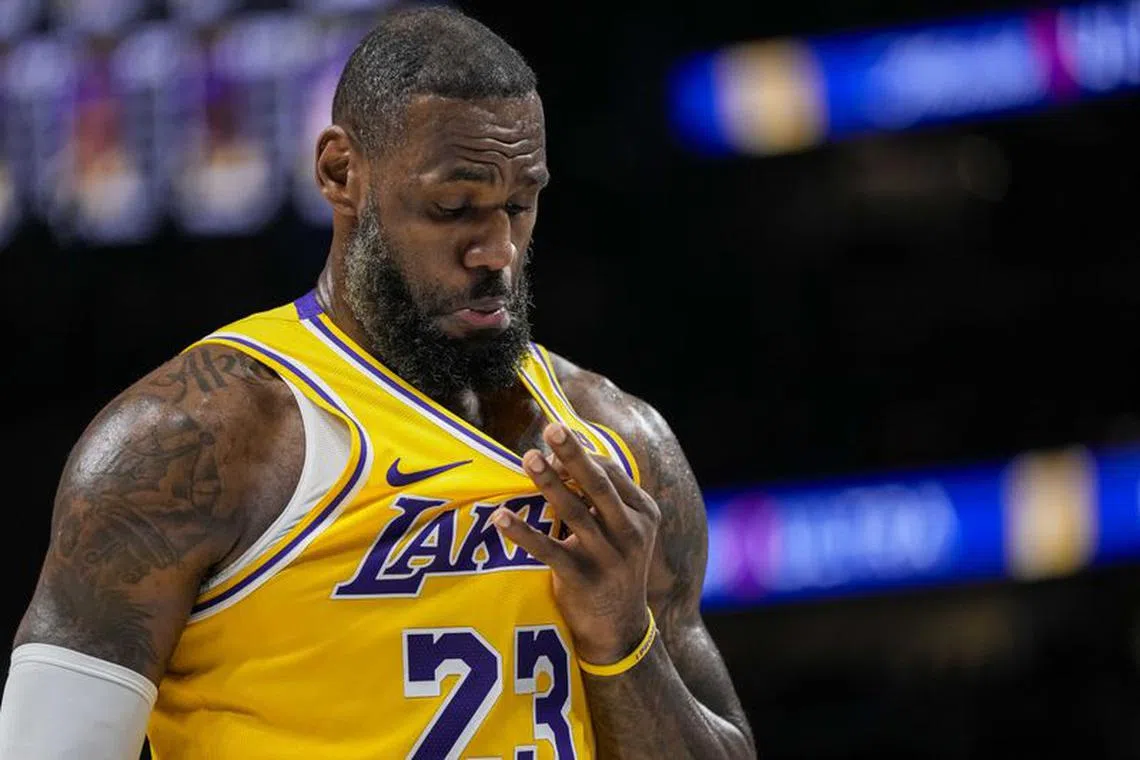 FILE PHOTO: Jan 30, 2024; Atlanta, Georgia, USA; Los Angeles Lakers forward LeBron James (23) checks himself after being called for a foul during the game against the Atlanta Hawks  during the second half at State Farm Arena. Mandatory Credit: Dale Zanine-USA TODAY Sports/File Photo
