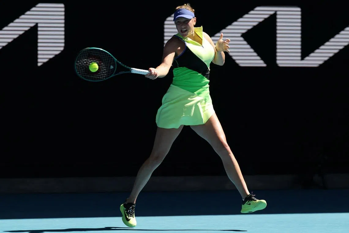 Tennis - Australian Open - Melbourne Park, Melbourne, Australia - January 22, 2026 Amanda Anisimova of the U.S. in action during her second round match against Czech Republic's Katerina Siniakova REUTERS/Hollie Adams