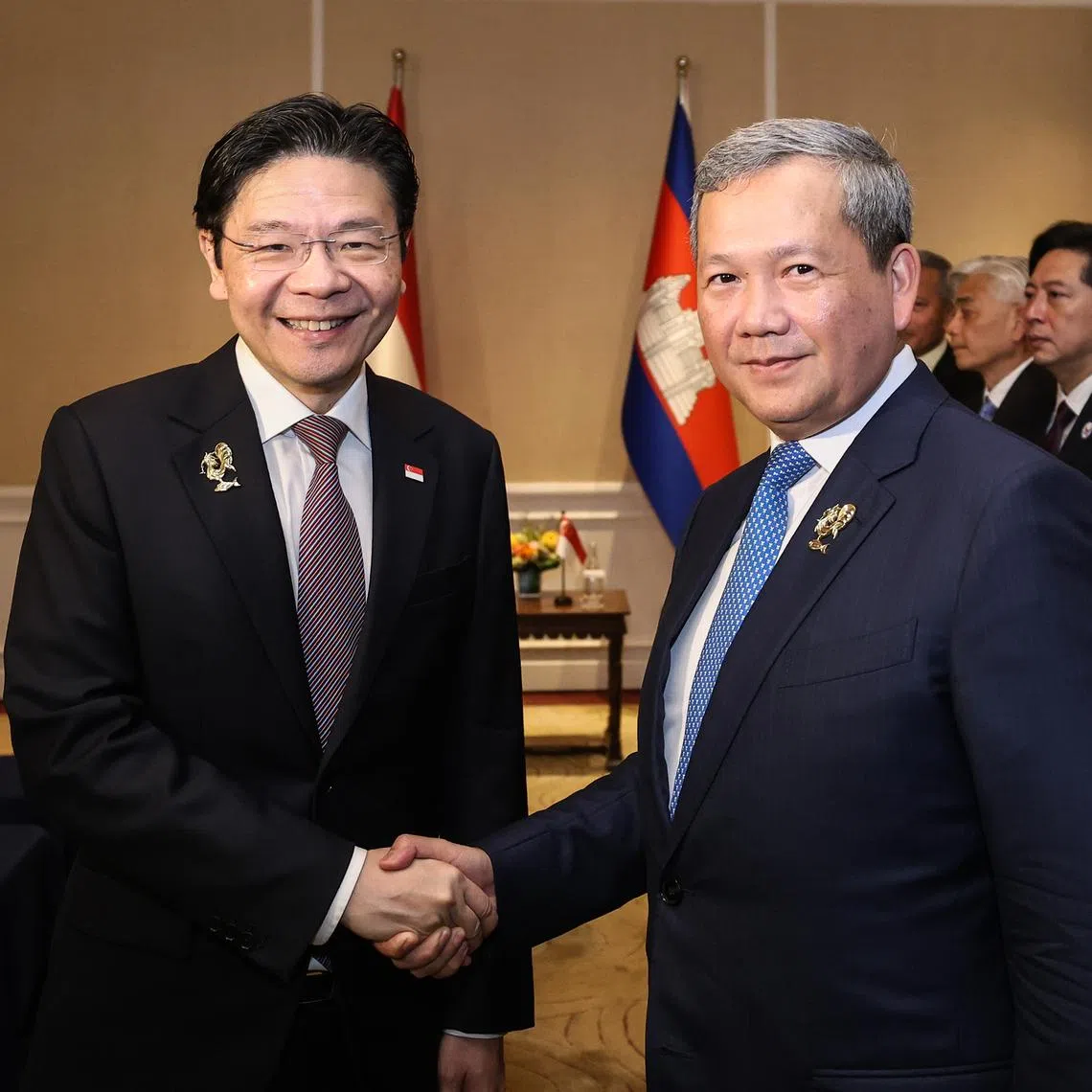 Prime Minister Lawrence Wong (left) kicked off his series of meetings with Cambodian Prime Minister Hun Manet on May 7.