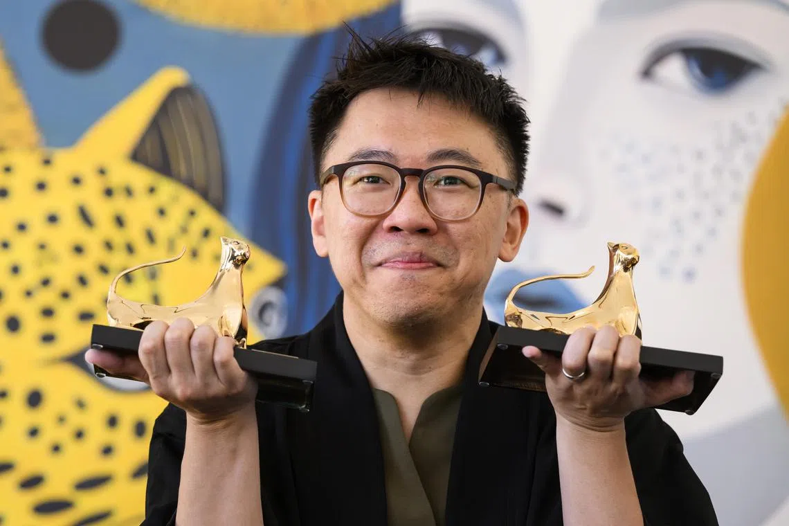Golden Leopard for the Best Film and Swatch First Feature Award winner film director Nelson Yeo from Singapore poses with his award of the 'Concorso Cineasti del Present' category for the movie Dreaming & Dying during a photocall at the 76th Locarno International Film Festival in Locarno, Switzerland on Aug 12, 2023. 