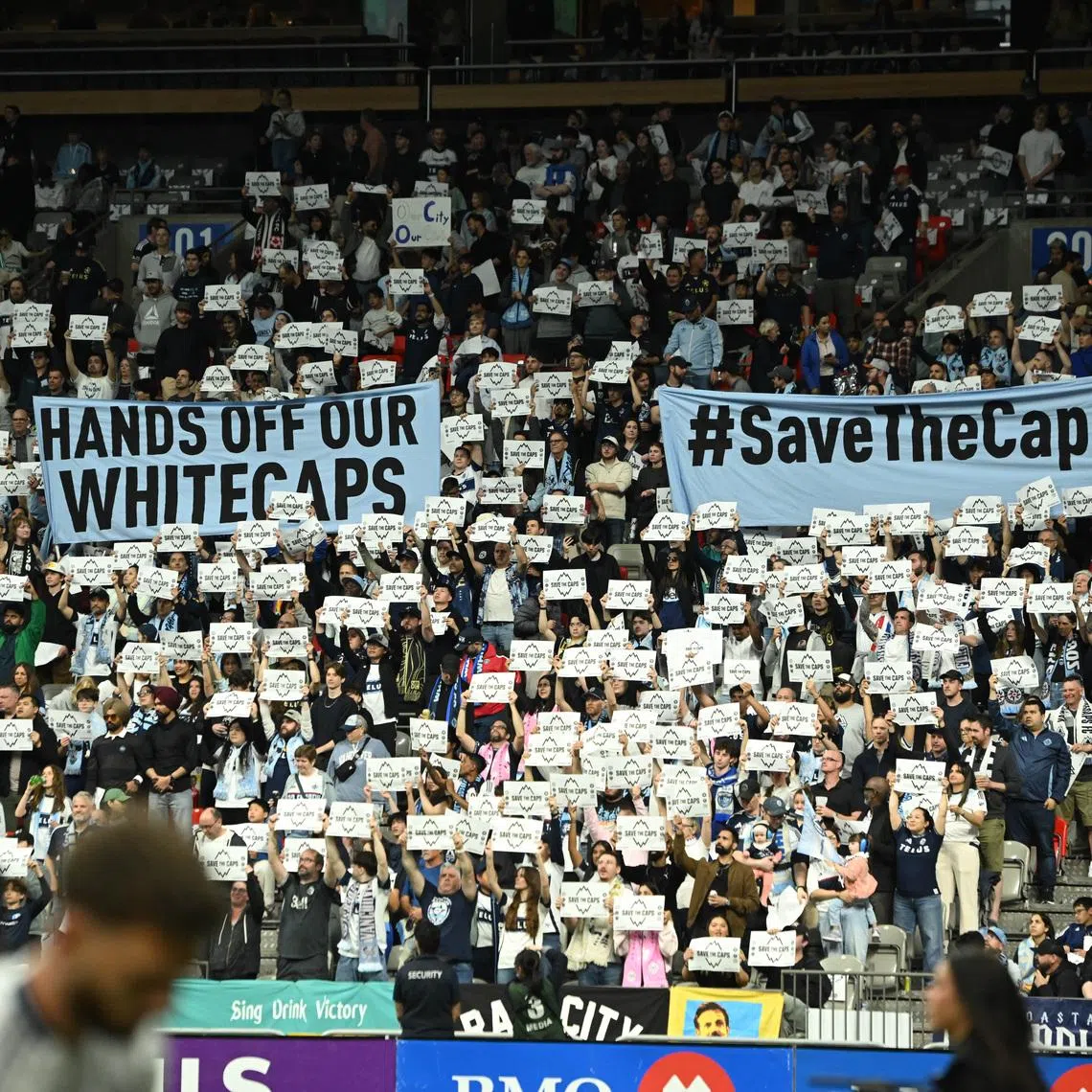 Apr 25, 2026; Vancouver, British Columbia, CAN;  Vancouver Whitecaps FC fans hold up signage prior to the first half against the Colorado Rapids at BC Place. Mandatory Credit: Simon Fearn-Imagn Images