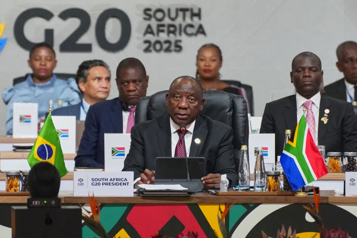 South African President Cyril Ramaphosa addresses the opening session of the G20 leaders' summit in Johannesburg, South Africa, November 22, 2025. Misper Apawu/Pool via REUTERS/File Photo