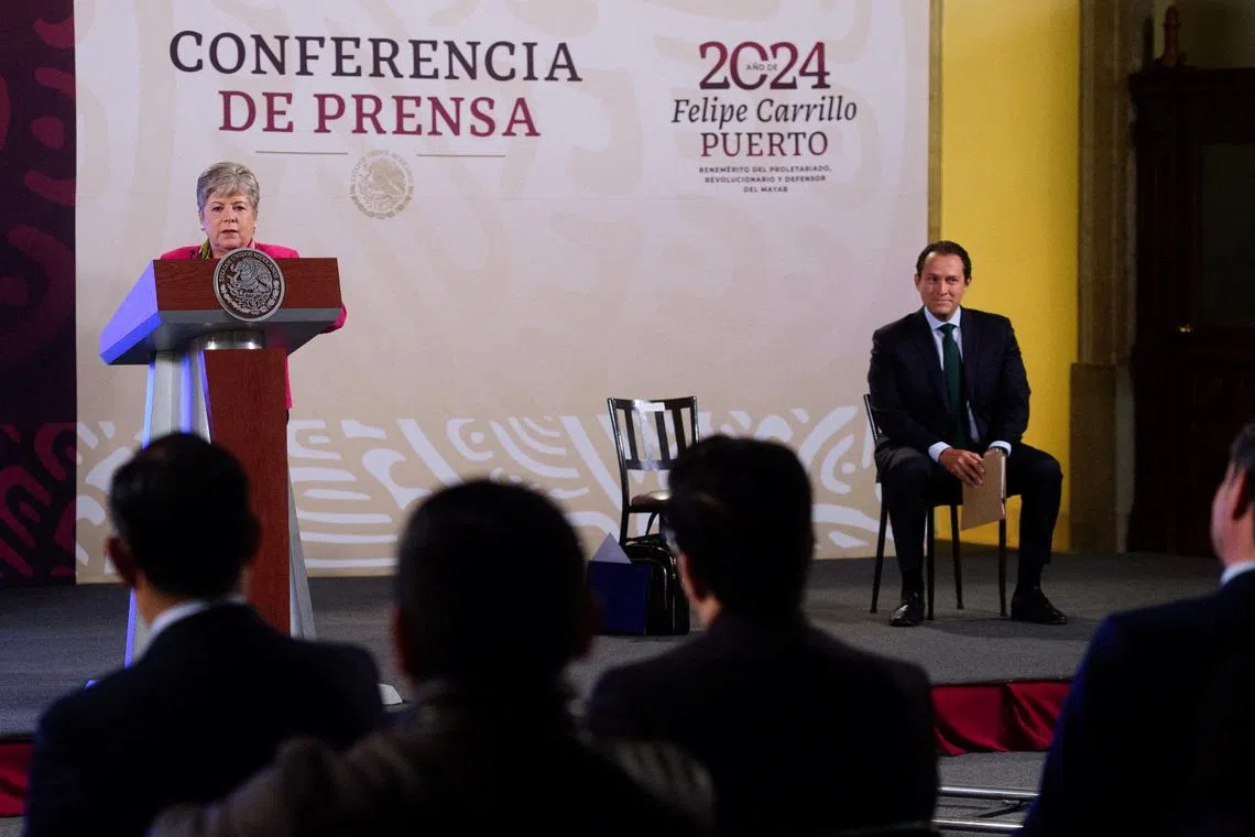 Mexican Foreign Minister Alicia Barcena speaks during a news conference as Mexico is calling for Ecuador to be suspended from the United Nations until the South American country issues a public apology for its raid on Mexico's embassy in Quito, in Mexico City, Mexico, April 11, 2024. Mexico Presidency/Handout via REUTERS