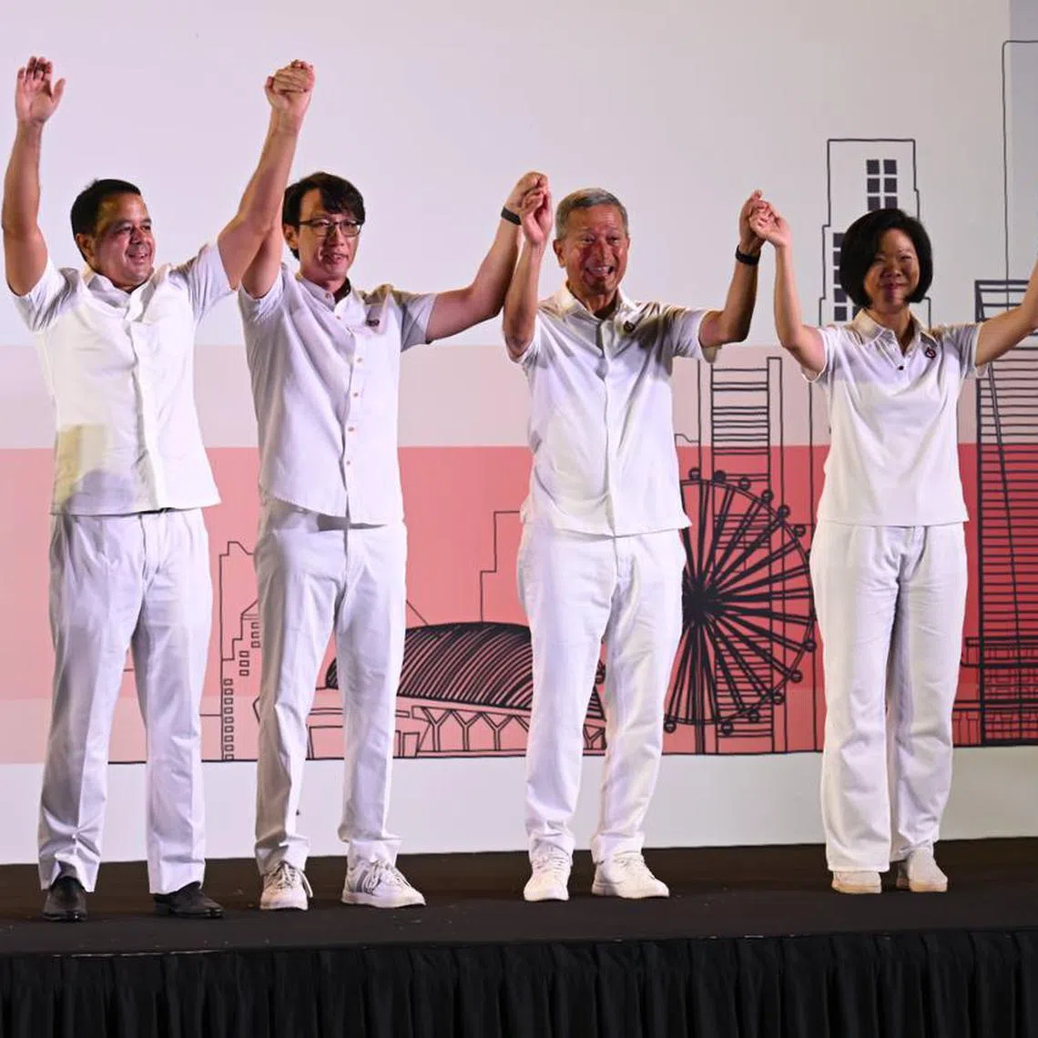 The PAP's Holland-Bukit Timah GRC candidates (from left) Christoper de Souza, Edward Chia, Vivian Balakrishnan and Sim Ann at Bukit Gombak Stadium on May 3.