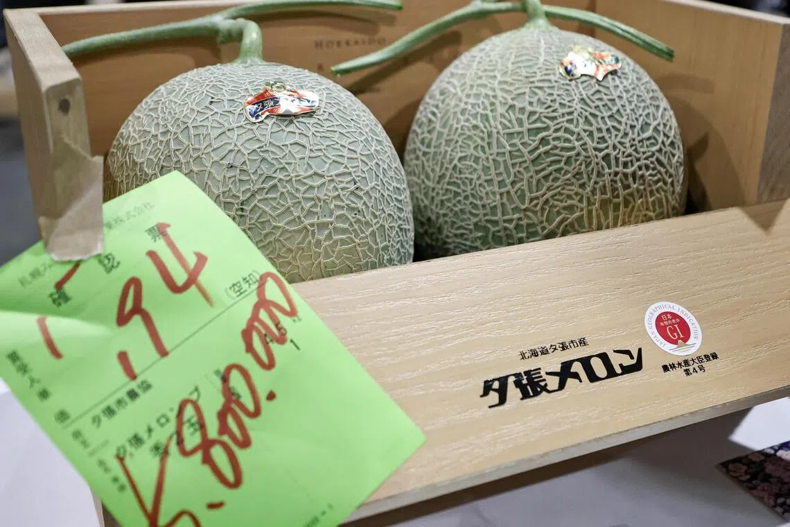 The two melons reached a record-high price of 5.8 million yen.