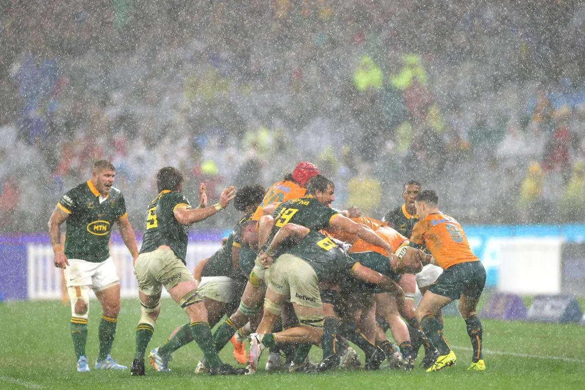 The Springboks and the Wallabies battling it out in wet conditions at Perth's Optus Stadium on Aug 17. South Africa won the Rugby Championship clash 30-12.