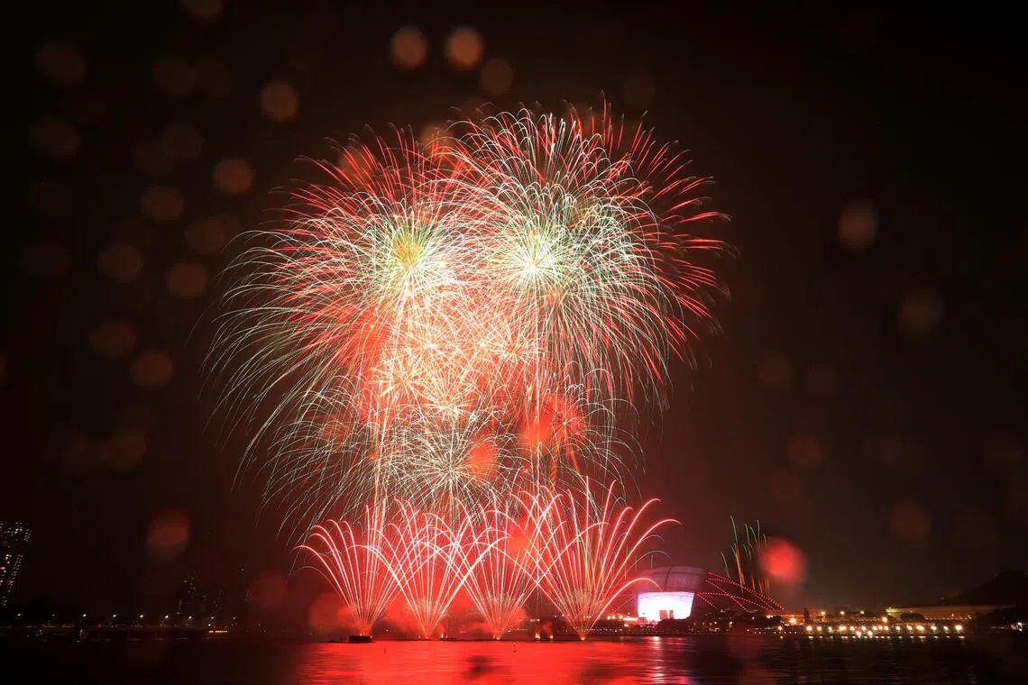 Fireworks from the first National Education show of the 2026 National Day Parade, photographed from Tanjong Rhu View on July 11.