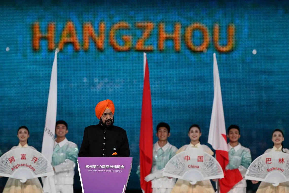 Acting President of the Olympic Council of Asia Randhir Singh speaking during the opening ceremony of the Asian Games at the Hangzhou Olympic Sports Centre Stadium.