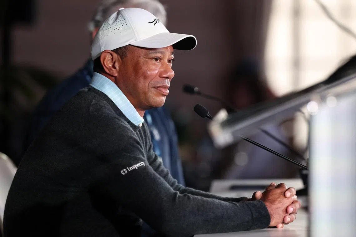Feb 17, 2026; Pacific Palisades, CA, USA;  Genesis Invitational tournament host Tiger Woods speaks to the media during a press conference at Riviera Country Club. Kiyoshi Mio-Imagn Images