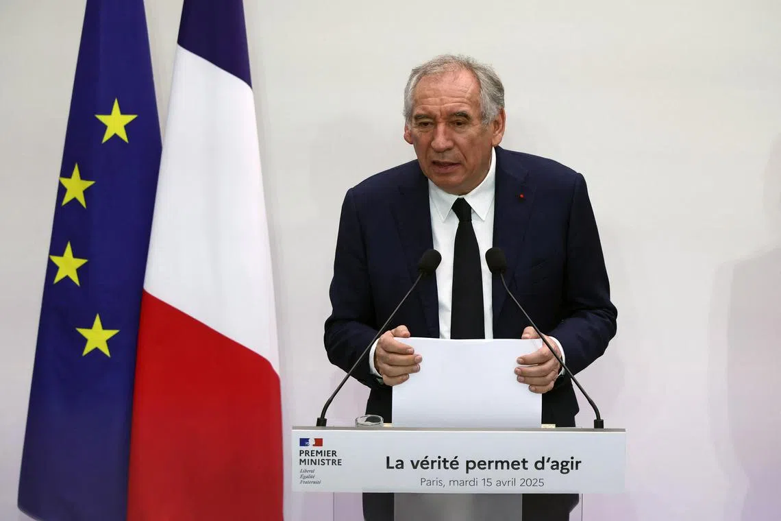 French Prime Minister Francois Bayrou speaks during a conference to outline the priorities for the public finances in a first step towards preparing the next budget, in Paris, France, April 15, 2025.  REUTERS/Gonzalo Fuentes