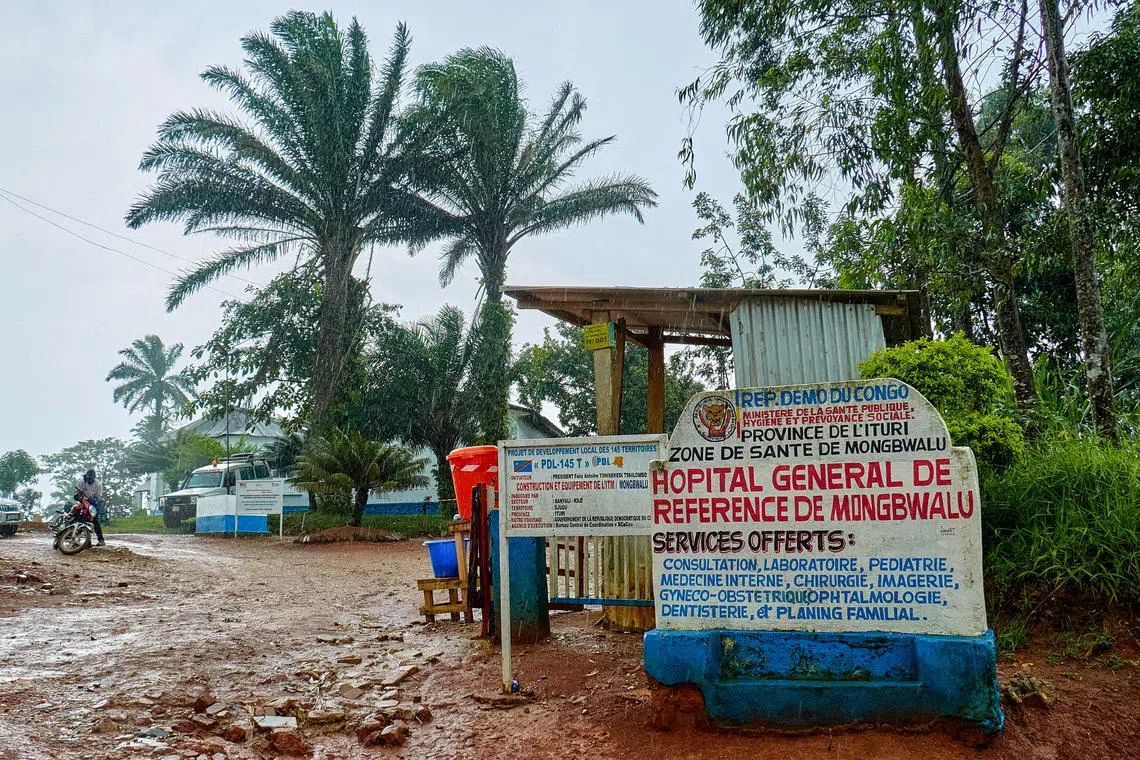 Signs at the Mongbwalu General Referral Hospital, as aid agencies intensify efforts to contain an Ebola outbreak in Mongbwalu, Democratic Republic of Congo on May 23.
