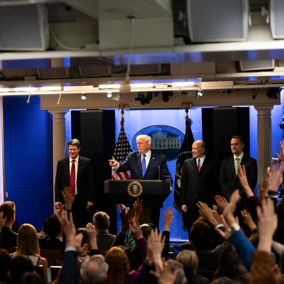 US President Donald Trump taking questions from reporters after a ruling by the Supreme Court on Feb 20, 2026. 