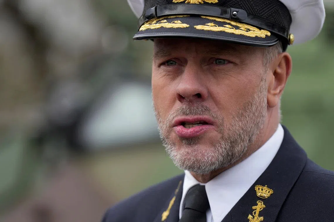 FILE PHOTO: NATO Military Committee Chief Admiral Rob Bauer listens to the media as Latvia celebrates the anniversary of joining the alliance in Riga, Latvia March 28, 2024. REUTERS/Ints Kalnins/File Photo