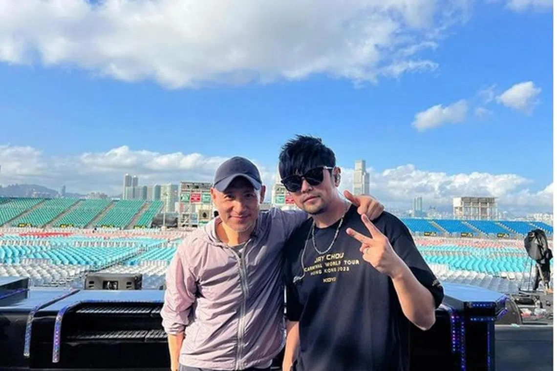 Jay Chou (right) posts a photo with Jacky Cheung on social media on May 4, 2023.