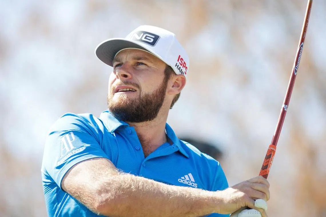 FILE PHOTO: Mar 25, 2022; Austin, Texas, USA; Tyrell Hatton tees off on the sixth during the third round of the World Golf Championships-Dell Technologies Match Play golf tournament./Erich Schlegel-USA TODAY Sports/File Photo