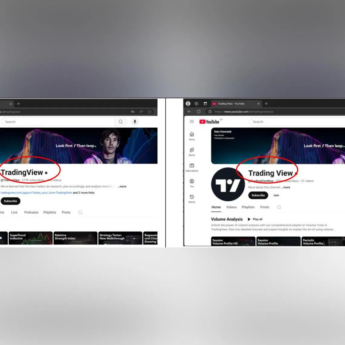 The authentic channel (left) can be distinguished from the fake version (right) by the absence of spacing in its name.