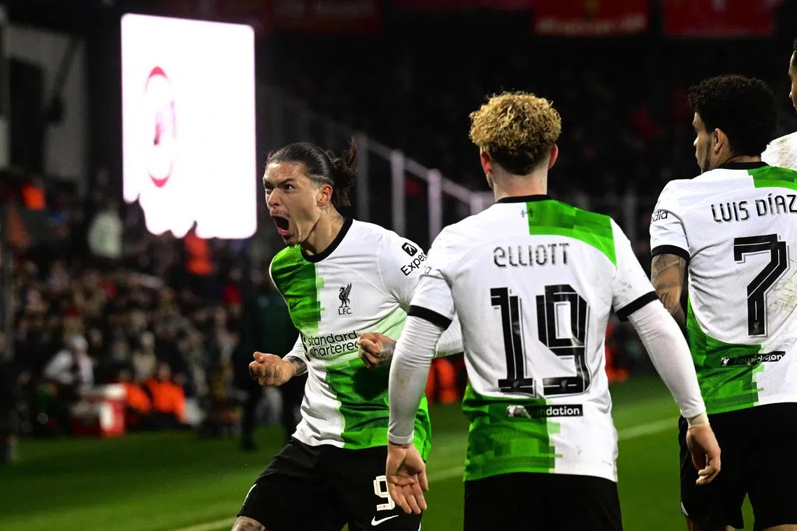 Liverpool's Uruguayan striker Darwin Nunez celebrates scoring his team's third goal in the 5-1 Europa League win over Sparta Prague.