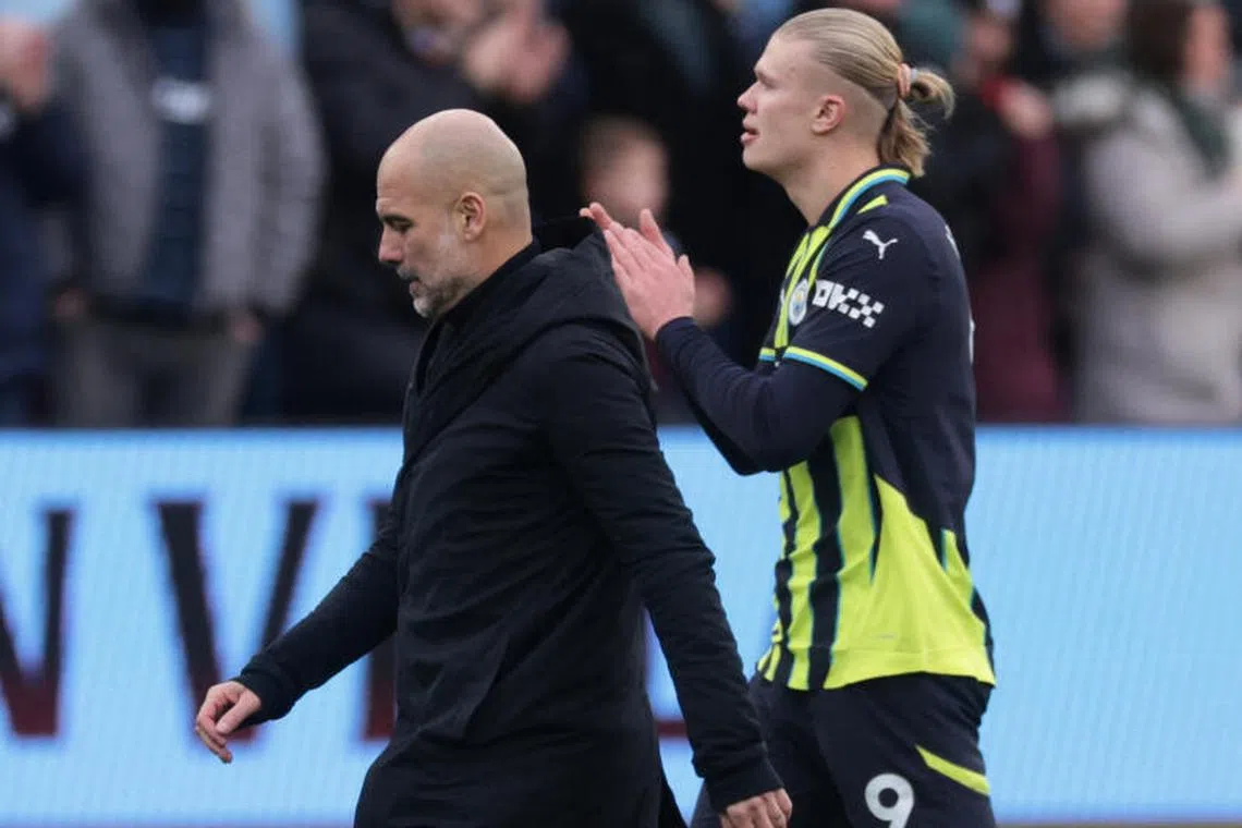 Soccer Football - Premier League - Aston Villa v Manchester City - Villa Park, Birmingham, Britain - December 21, 2024 Manchester City manager Pep Guardiola and Erling Haaland look dejected after the match REUTERS/Hannah Mckay EDITORIAL USE ONLY. NO USE WITH UNAUTHORIZED AUDIO, VIDEO, DATA, FIXTURE LISTS, CLUB/LEAGUE LOGOS OR 'LIVE' SERVICES. ONLINE IN-MATCH USE LIMITED TO 120 IMAGES, NO VIDEO EMULATION. NO USE IN BETTING, GAMES OR SINGLE CLUB/LEAGUE/PLAYER PUBLICATIONS. PLEASE CONTACT YOUR ACCOUNT REPRESENTATIVE FOR FURTHER DETAILS..