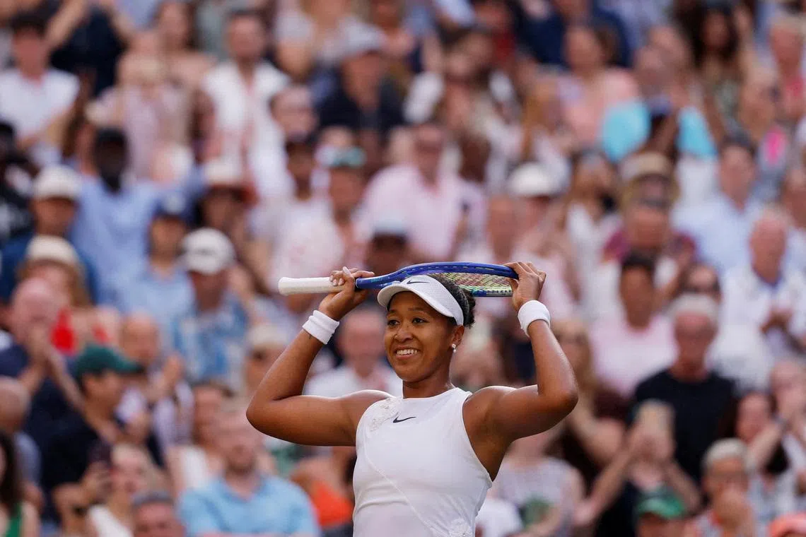 Tennis - Wimbledon - All England Lawn Tennis and Croquet Club, London, Britain - July 5, 2026 Japan's Naomi Osaka celebrates after winning her fourth round match against Belarus' Aryna Sabalenka REUTERS/Andrew Couldridge