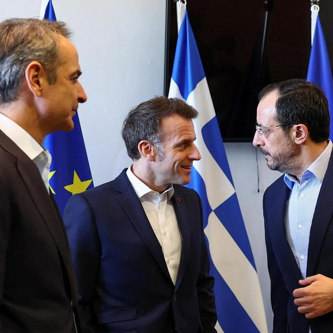 French President Emmanuel Macron (centre) visiting Cyprus on March 9 and meeting  Cypriot President Nikos Christodoulides (right) and Greek Prime Minister Kyriakos Mitsotakis.