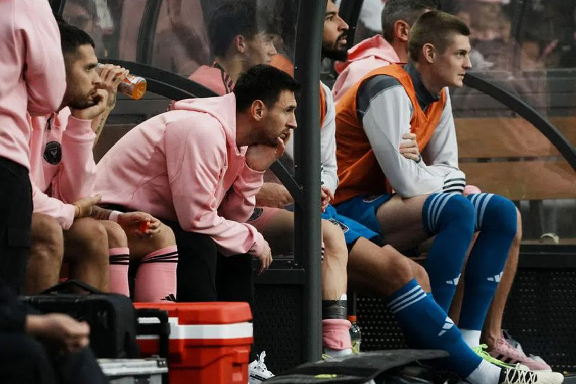 FILE PHOTO: [US, Mexico & Canada customers only] Feb 4, 2024; Hong Kong, HONG KONG;  Inter Miami player Lionel Messi on the sideline in a preseason friendly soccer match against Hong Kong XI at Hong Kong Stadium. Mandatory Credit: Lam Yik/Reuters via USA TODAY Sports/File Photo