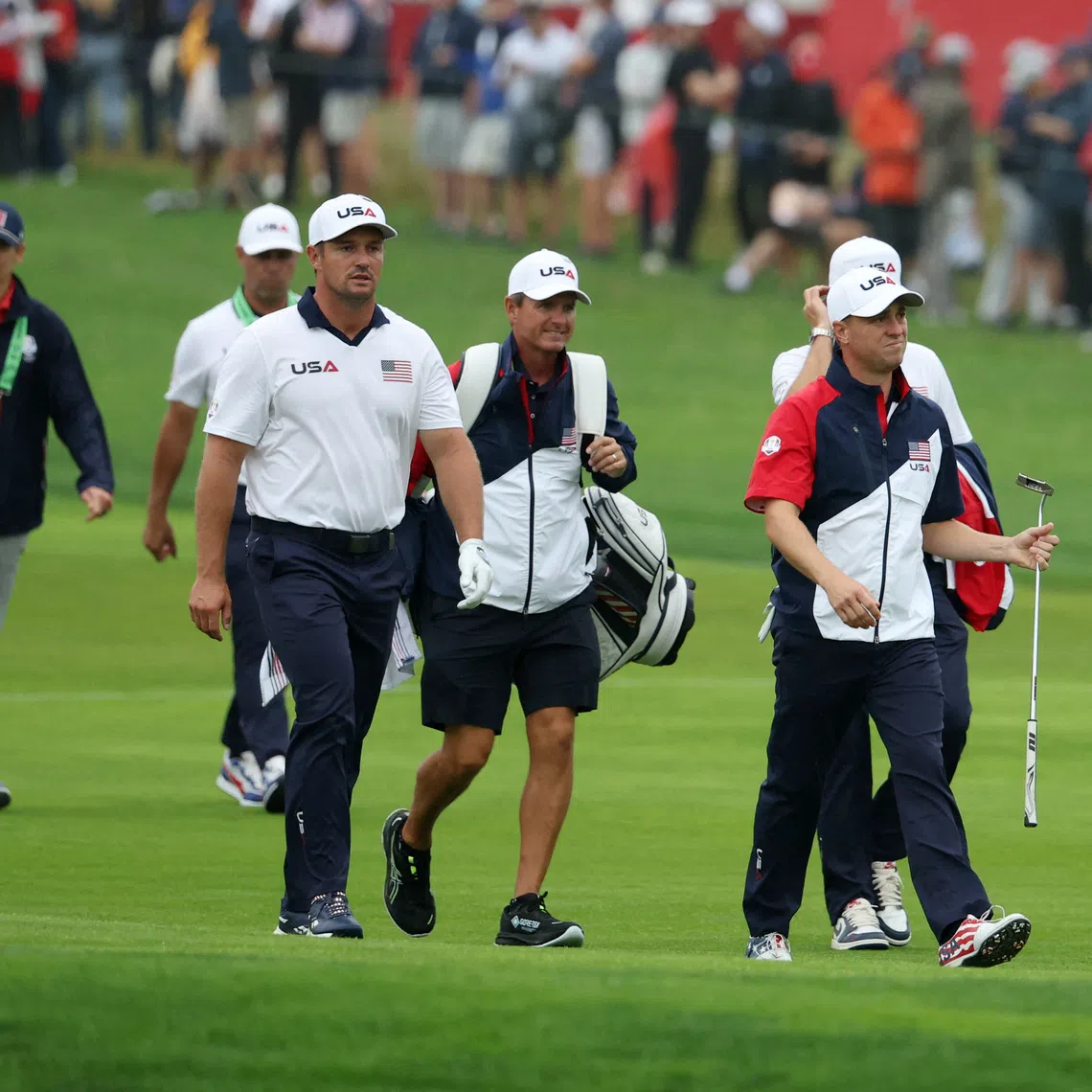 Golf - The 2025 Ryder Cup - Bethpage Black Golf Course, Farmingdale, New York, United States - September 25, 2025 Team USA's Bryson DeChambeau and Justin Thomas during a practice round REUTERS/Brendan Mcdermid