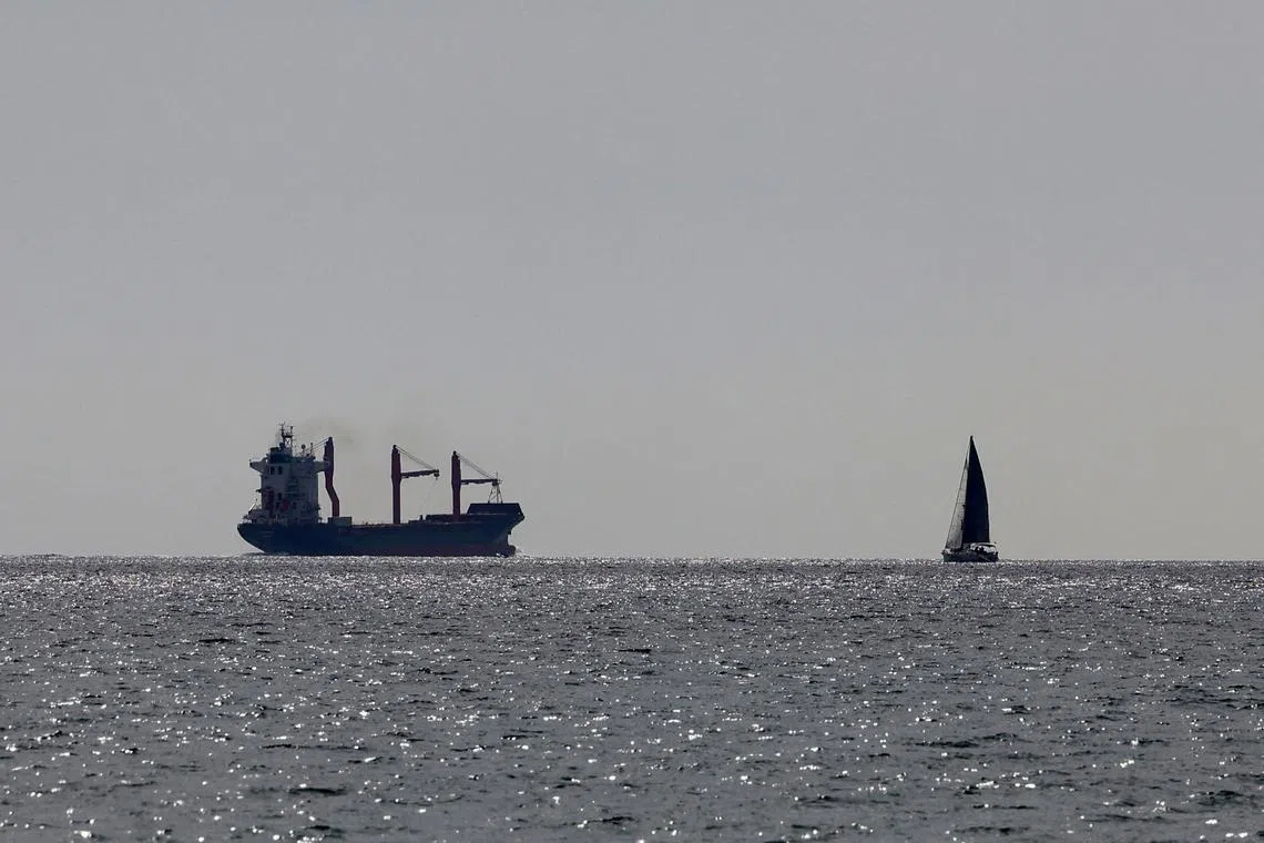 A U.S. flagged cargo vessel carrying aid to a pier built by the U.S. off Gaza sets sail from Larnaca, Cyprus May 9, 2024. REUTERS/Yiannis Kourtoglou/ File Photo