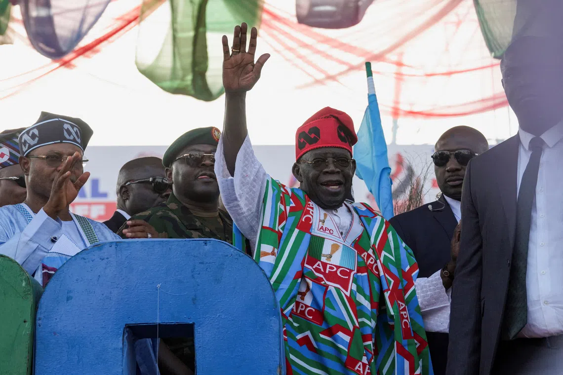 Nigerian President Bola Tinubu waves to supporters during the All Progressives Congress (APC) campaign flag-off rally in Kaduna, Nigeria, October 24, 2026. REUTERS/Marvellous Durowaiye