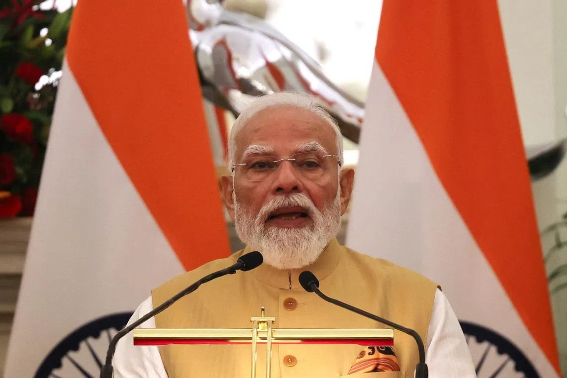 Indian Prime Minister Narendra Modi speaks during a joint press statement with Japanese Prime Minister Sanae Takaichi (not pictured) at the Hyderabad House in New Delhi, India, July 2, 2026. REUTERS/Altaf Hussain