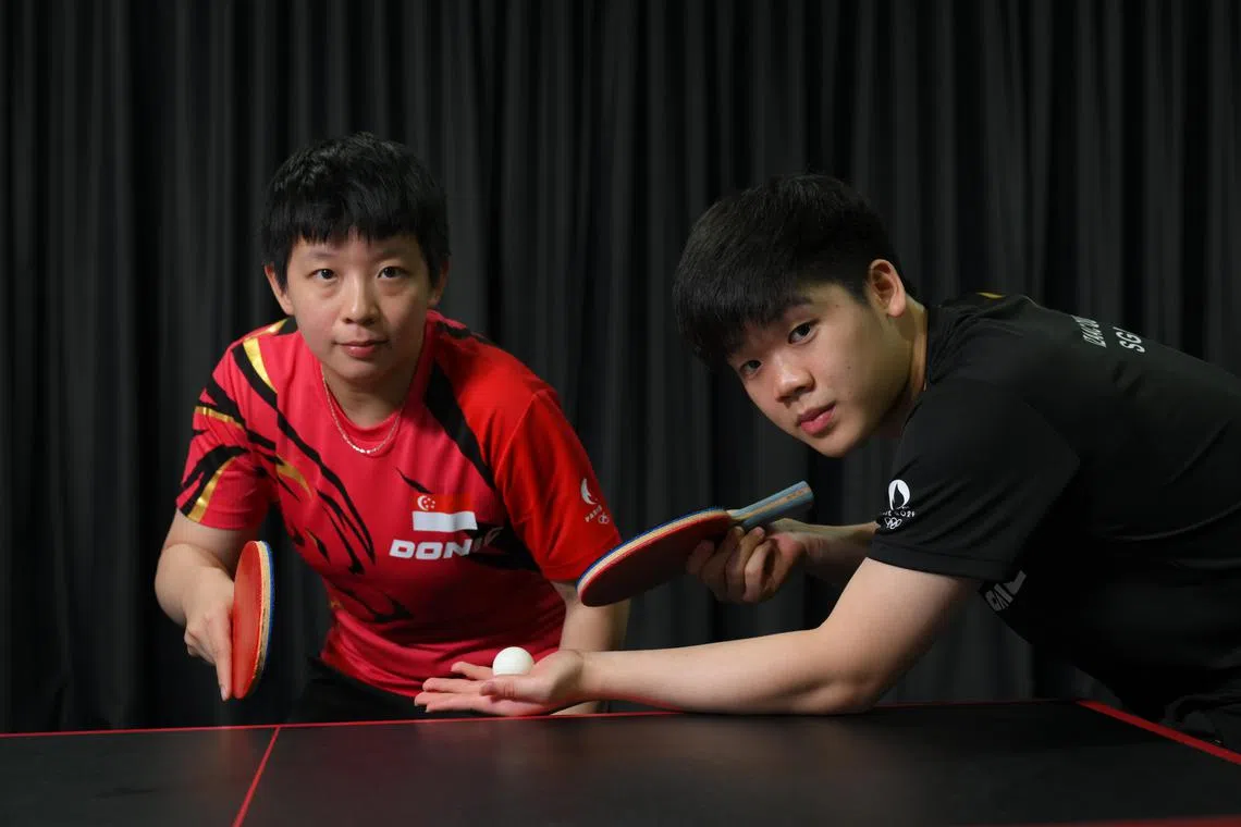 National paddlers Zeng Jian (left) and Izaac Quek, pictured after the Singapore Table Tennis Association Paris Olympics 2024 Press Conference held on June 19, 2024.
