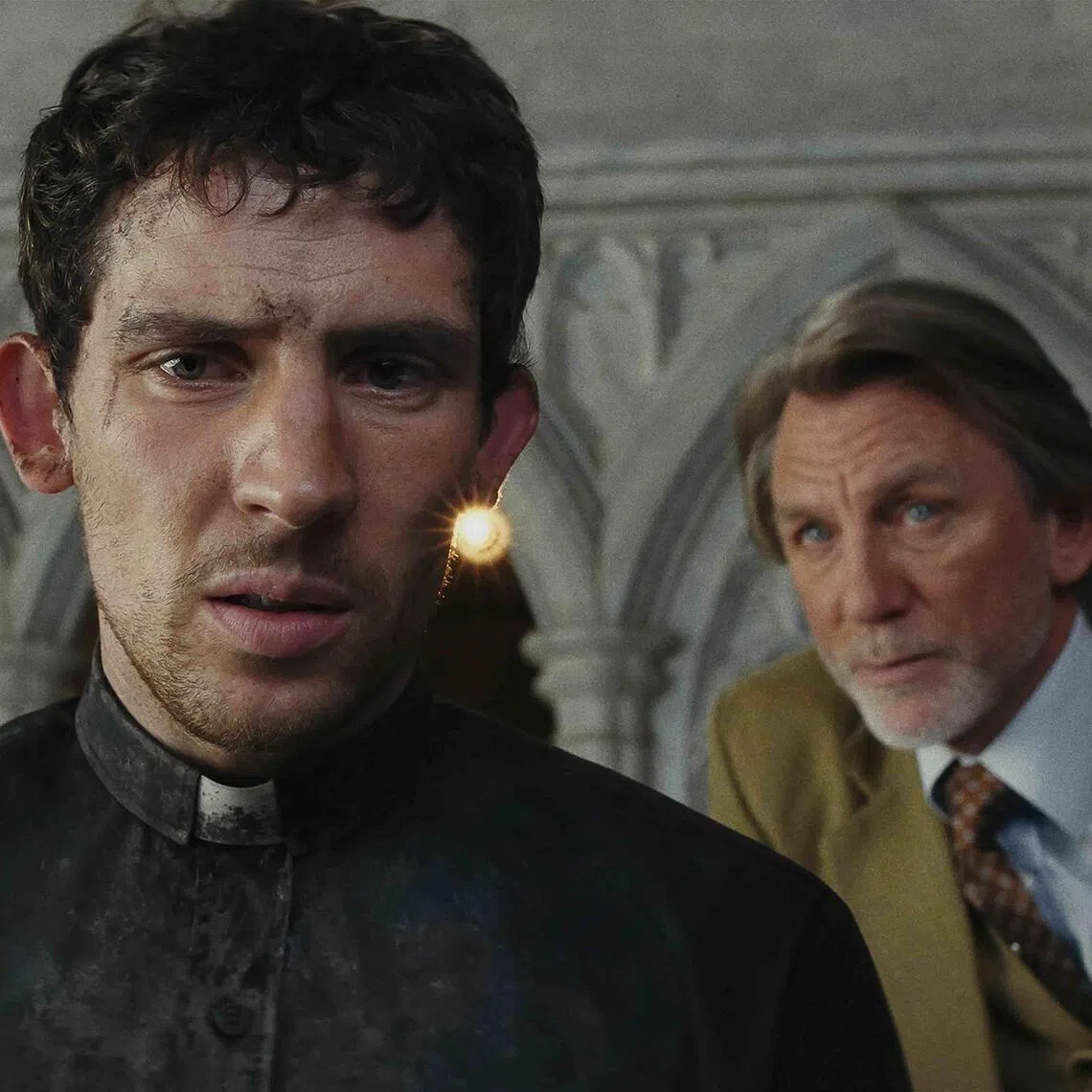 From left: Josh O’Connor and Daniel Craig in Wake Up Dead Man: A
Knives Out Mystery.