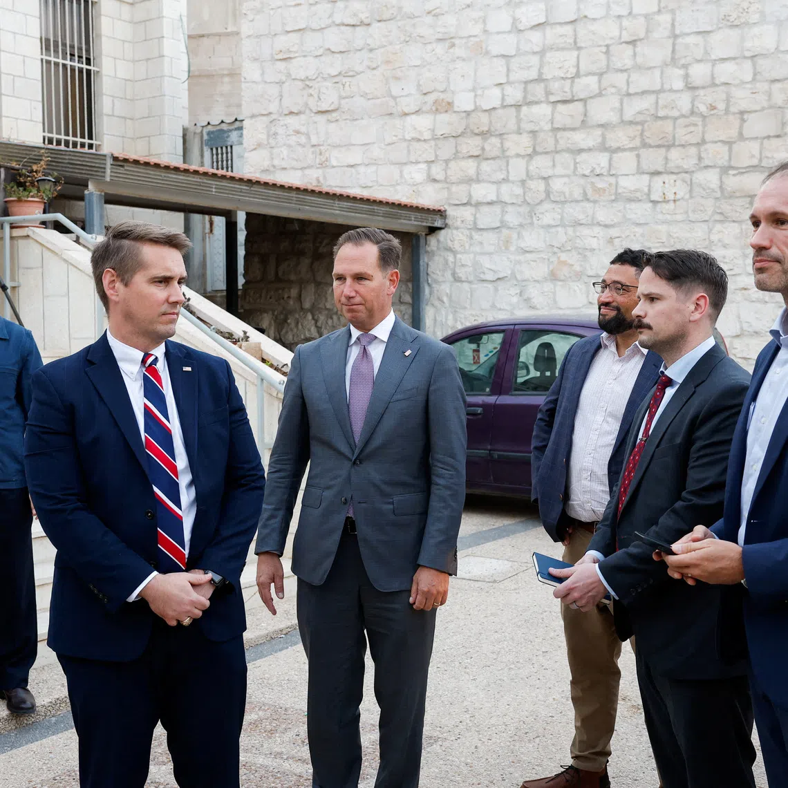 US Assistant Secretary of State for democracy, human rights and labor Riley Barnes (front, left) and US Ambassador to the Holy See Brian Burch (centre), visit the Christian Palestinian village of Taybeh near Ramallah on Oct 18.