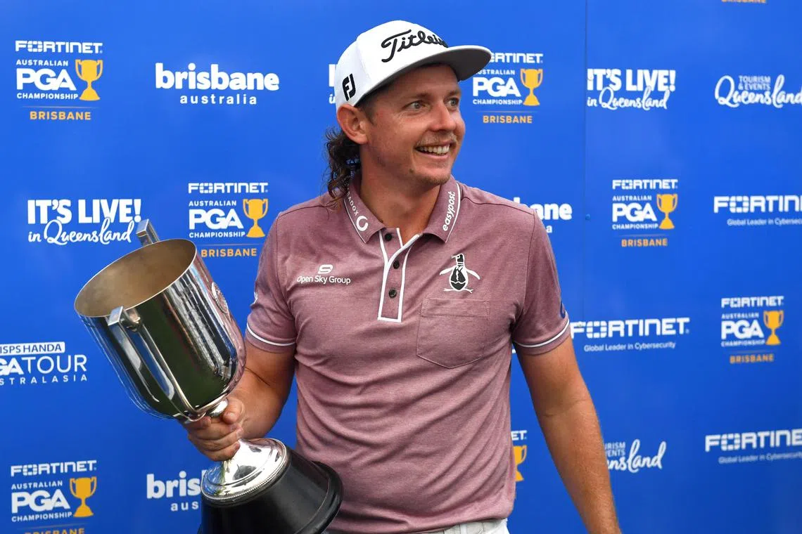 Cameron Smith celebrating after winning the 2022 Australian PGA Championship at the Royal Queensland Golf Club in Brisbane on Sunday.