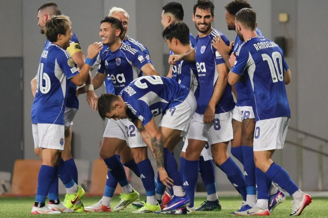 Lion City Sailors players celebrate after scoring a goal against Geylang International at Our Tampines Hub on Apr 26, 2026.