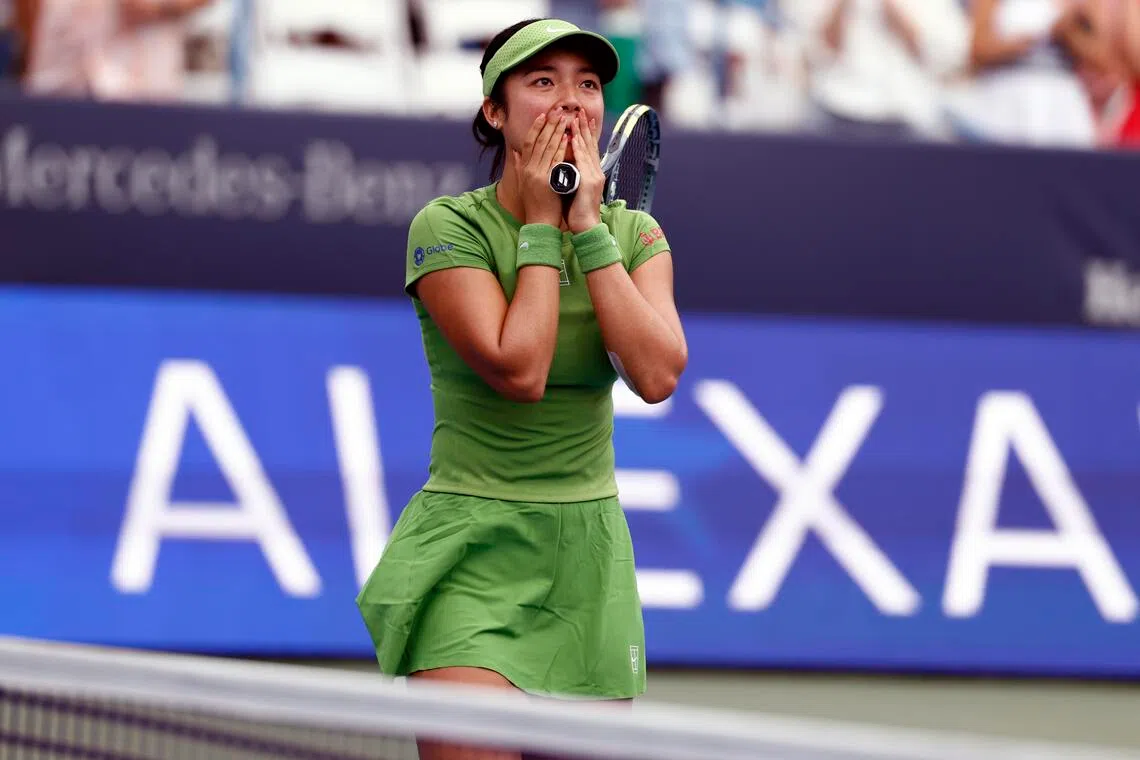 Alexandra Eala of the Philippines reacting after defeating Japan’s Naomi Osaka of Japan during their WTA Washington Open semi final on Aug 1.