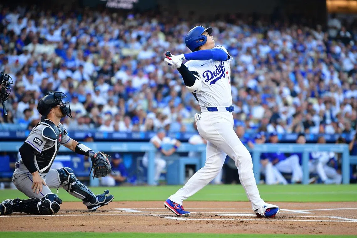 Jul 8, 2026; Los Angeles, California, USA; Los Angeles Dodgers designated hitter Shohei Ohtani (17) pops up in the first inning against the Colorado Rockies at Dodger Stadium. Mandatory Credit: Gary A. Vasquez-Imagn Images