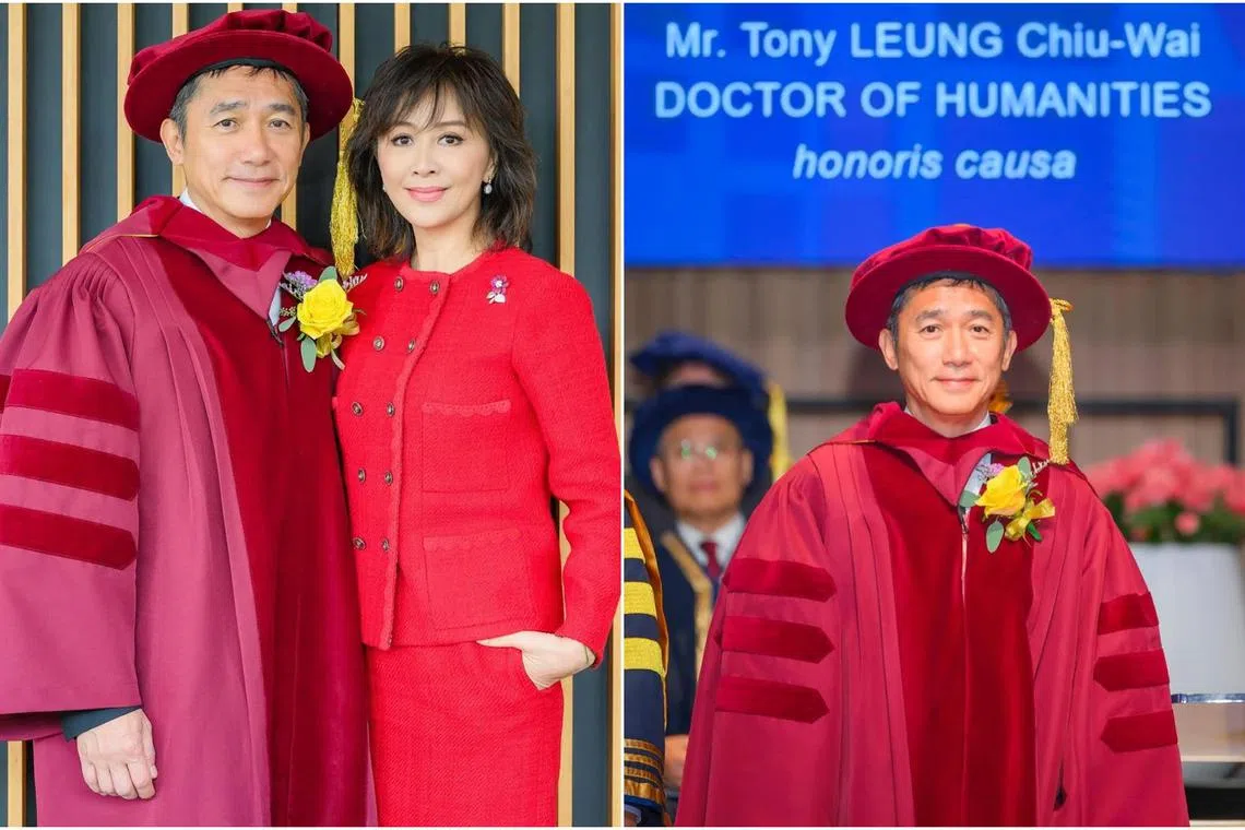 Hong Kong film actor Tony Leung, who was awarded an honorary doctorate by the Hong Kong University of Science and Technology, with his actress-wife Carina Lau. 