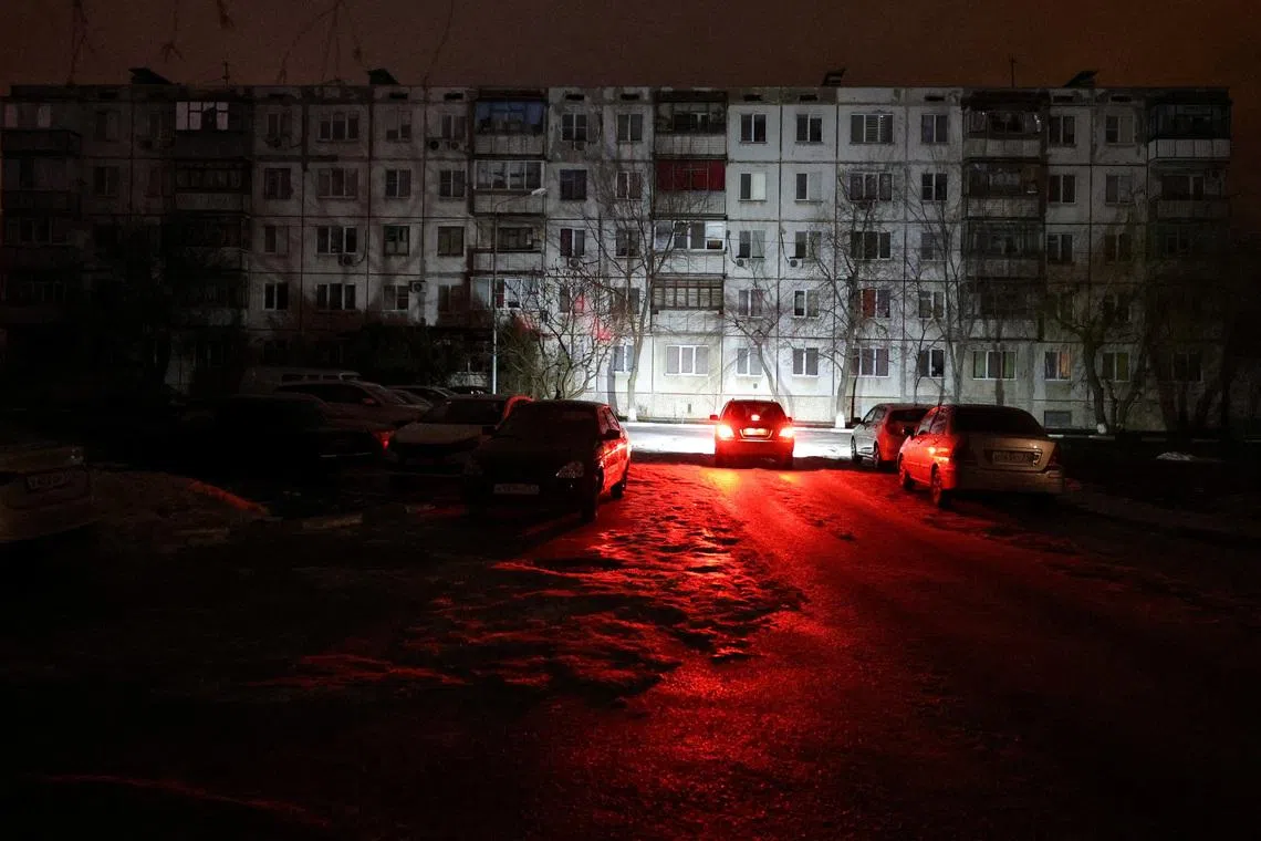 A residential building during a power blackout, that according to local authorities was caused by a recent Ukrainian missile attack targeting the regional energy system, amid the Russia-Ukraine military conflict in Belgorod, Russia, January 9, 2026. REUTERS/Stringer
