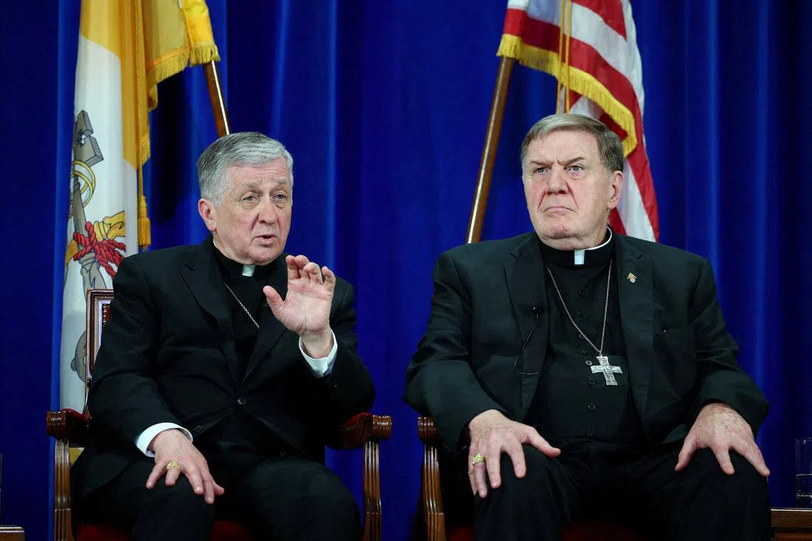 FILE PHOTO: Cardinals Joseph Tobin and Blase Cupich attend a press conference following the election of Pope Leo XIV, at the Pontifical North American College in Rome, Italy, May 9, 2025. REUTERS/Guglielmo Mangiapane/File Photo