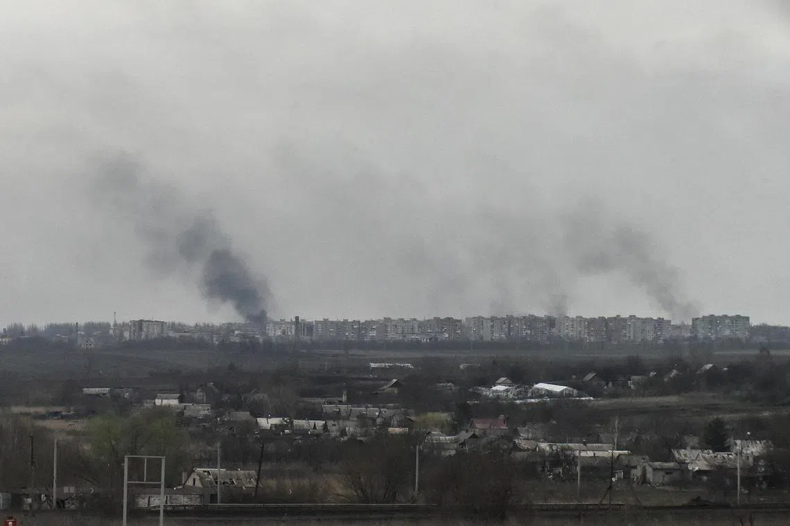 Smoke rising from the town of Bakhmut as heavy fighting between Ukrainian and Russian forces continue, on April 6, 2023.