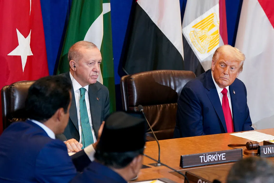 FILE PHOTO: U.S. President Donald Trump and Turkey's President Tayyip Erdogan attend a multilateral meeting during the 80th United Nations General Assembly, in New York City, New York, U.S., September 23, 2025. REUTERS/Al Drago/ File Photo