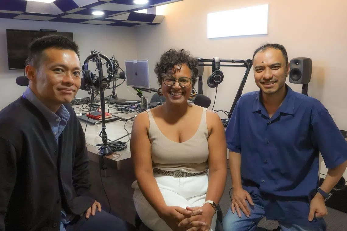 (From left to right): ST Senior Correspondent Lee Nian Tjoe, Ms Ramya Ragupathi, Entrepreneur in the food industry, owner of a food manufacturing start-up, Oh My Goodness & ST's Podcast Editor, Ernest Luis in the podcast studio. 