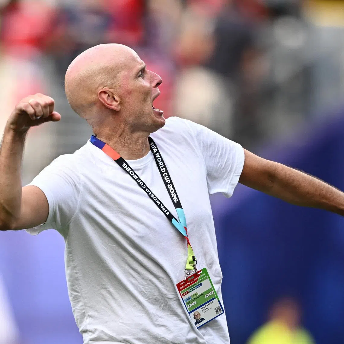 Soccer Football - FIFA World Cup 2026 - Round of 16 - Brazil v Norway - New York New Jersey Stadium, East Rutherford, New Jersey, U.S. - July 5, 2026 Norway coach Stale Solbakken celebrates after the match as Norway qualify for the quarter finals of the World Cup REUTERS/Dylan Martinez