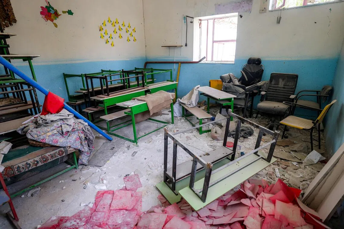 A view from inside a classroom at the destroyed Shajareh Tayebeh primary school in Minab, Iran’s Hormozgan province, on Aug 10.