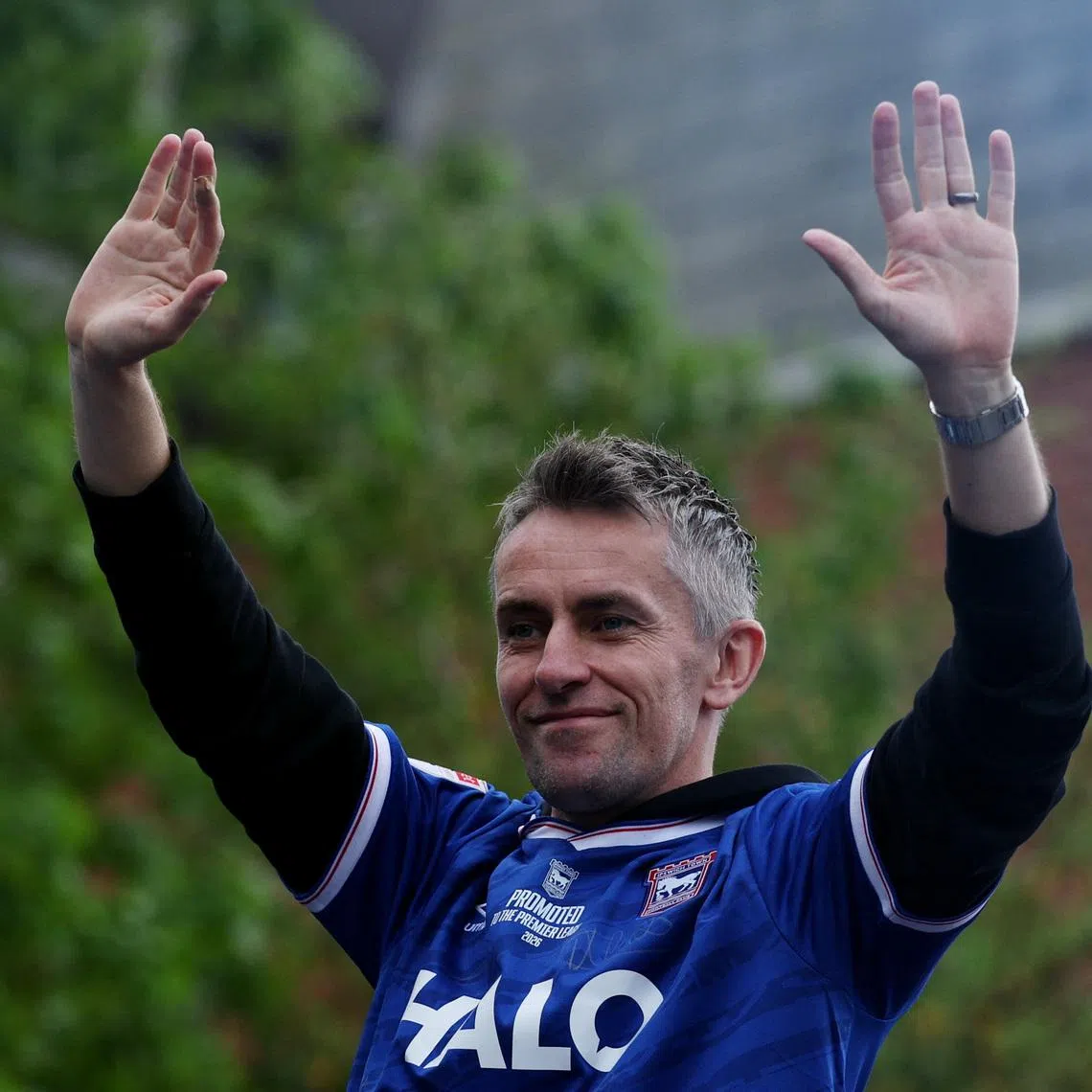 Soccer Football - Championship - Ipswich Town Promotion Parade - Ipswich, Britain - May 4, 2026 Ipswich Town manager Kieran McKenna on the parade bus as they celebrate promotion to Premier League Action Images via Reuters/John Sibley