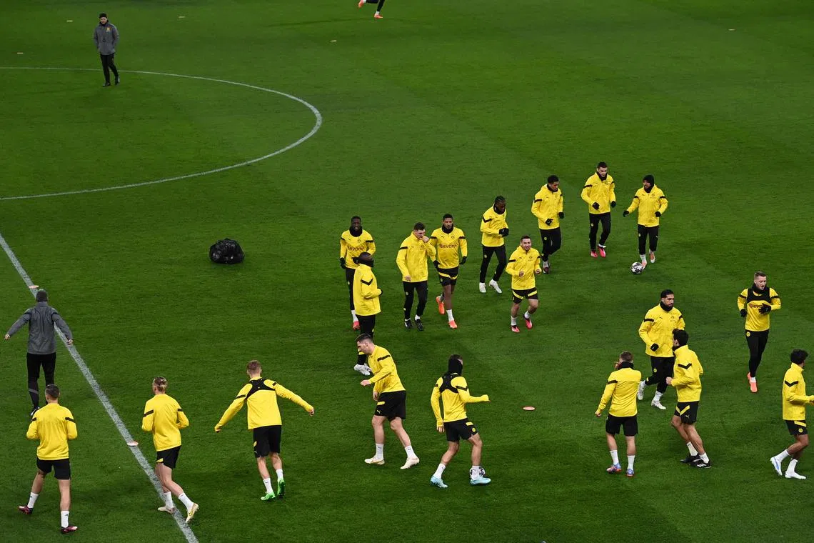 Dortmund players attend a training session at Stamford Bridge in London, on March 6, 2023.